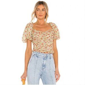 ASTR the Label Tenley Floral Ruched Crop Top M Green Red Ditsy Lined Cottagecore